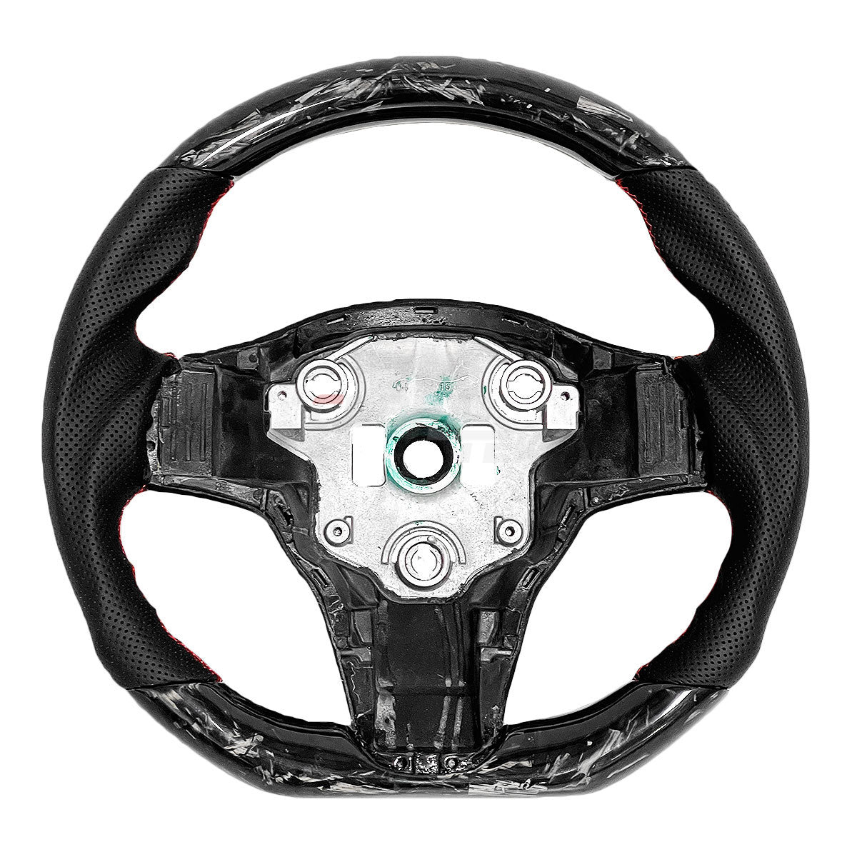 2017-2023 Tesla Model 3 - Real Carbon Fiber / Perforated Leather Steering Wheel with Red Stitching - Forged Carbon