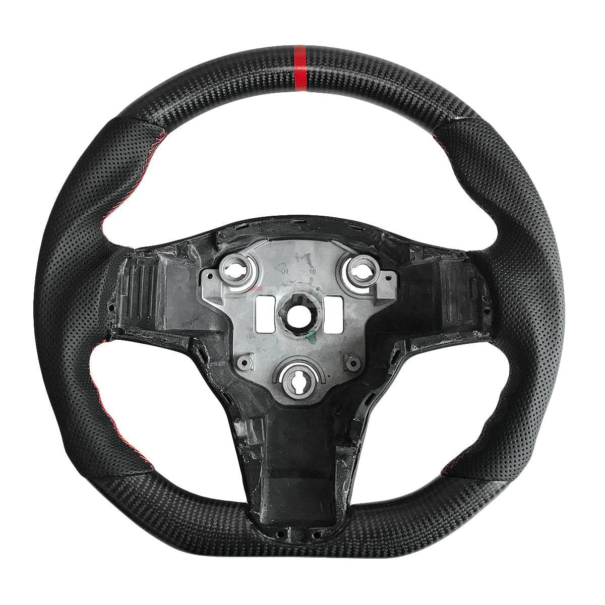 2017-2023 Tesla Model 3 - Real Carbon Fiber / Perforated Leather Steering Wheel (Red Stripe) - Gloss Black
